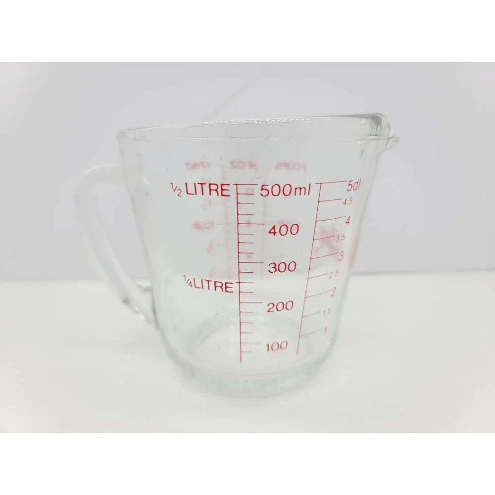 Fire King Measuring Cup 2 Cup D-Handle #498 Clear Glass with Red Lettering